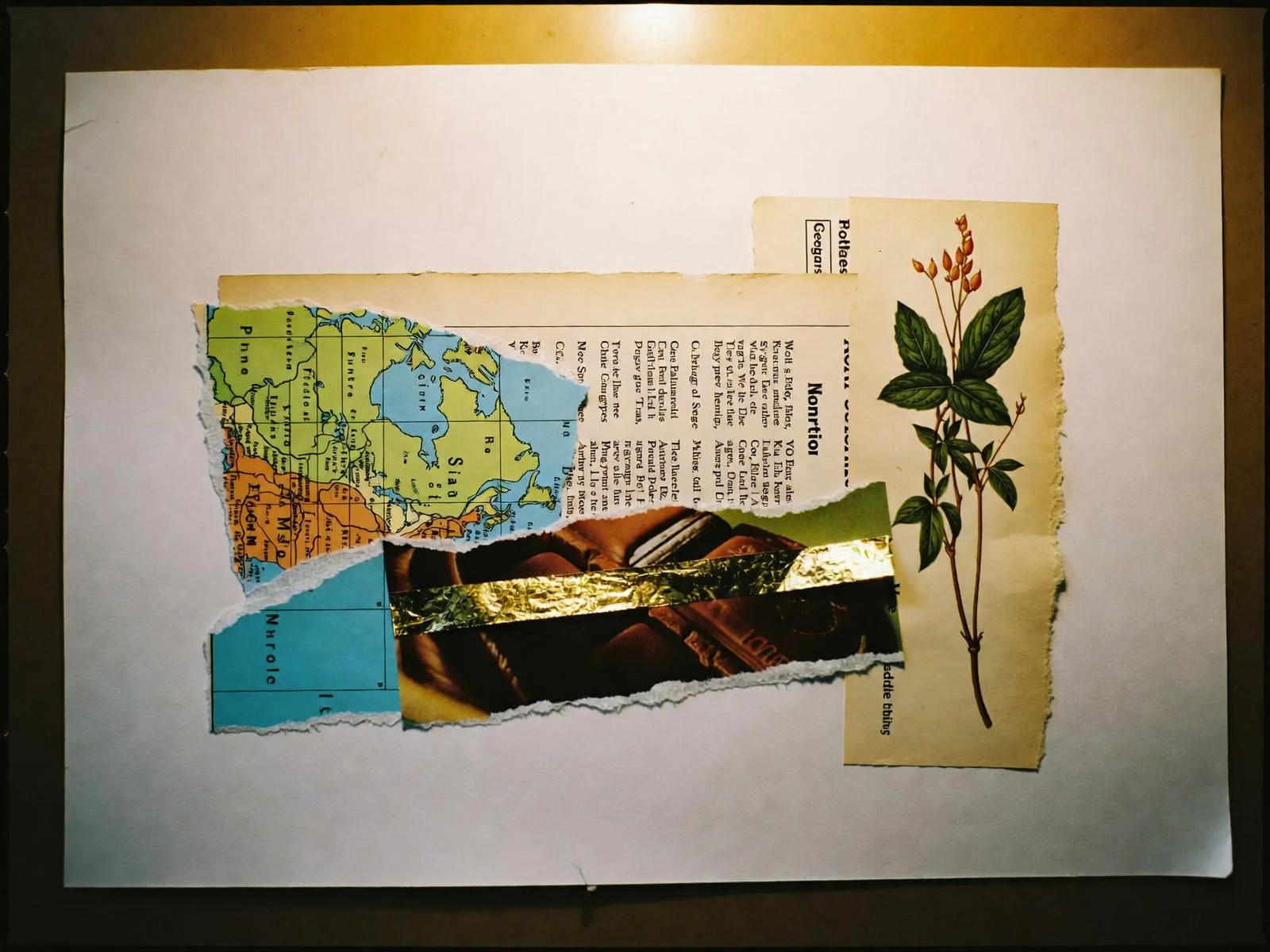 Analog collage of torn magazine paper, a weather map, botanical scrap, and gold foil.